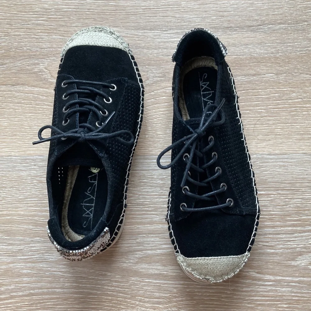 Black laser cut suede espadrille sneakers with embellishment